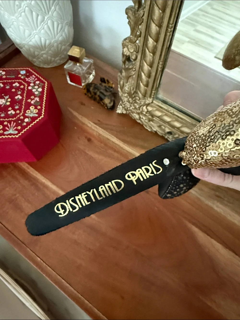 Disneyland Paris Gold Sequin Minnie Ears Headband with Black Star Bow